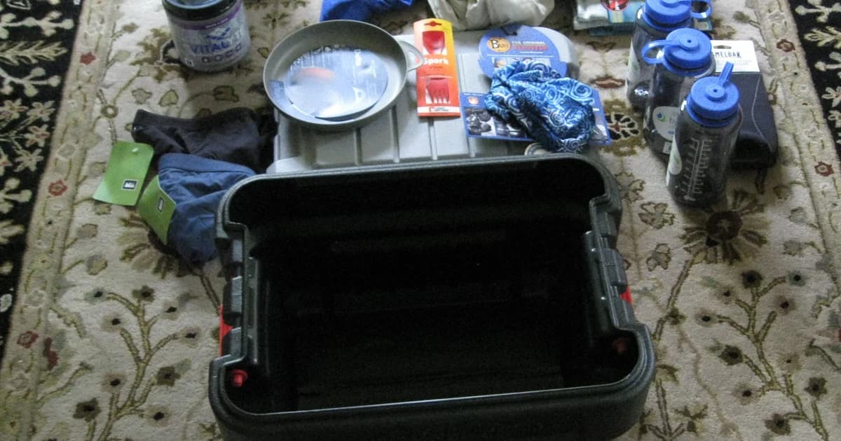 Field gear laid out for foraging and metal detecting